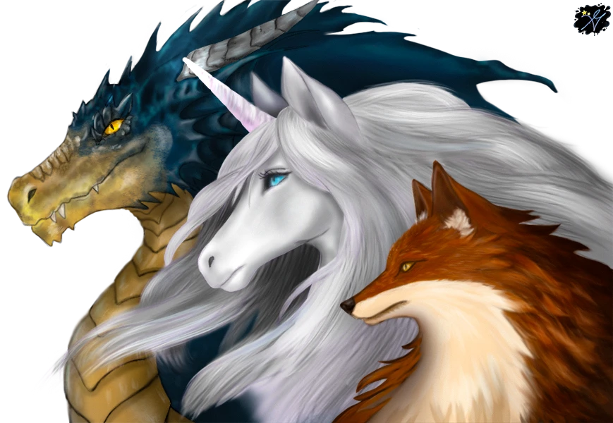 A dragon, unicorn, and fox — the three characters of Poly Convergence